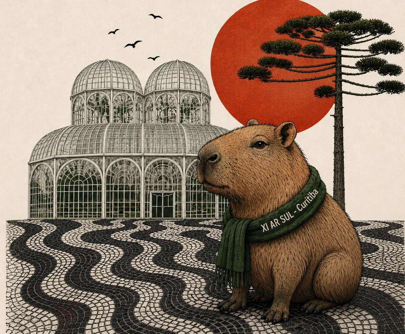 Ilustração da XI AR Sul: capivara com cachecol verde XI AR SUL Curitiba, estufa do Jardim Botânico, araucária, sol terracota e calçada de ondas.